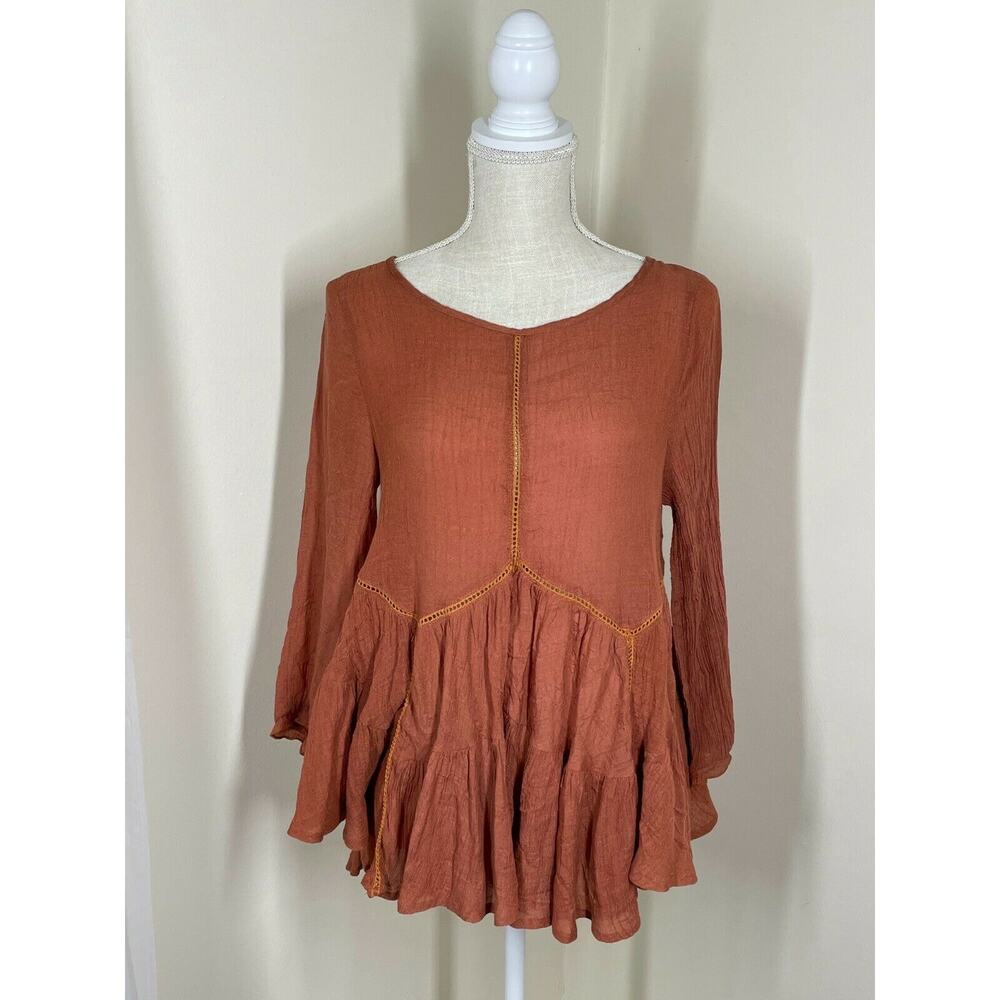 Les Soeurs Women Long Sleeve Blouse Top Ruffle Boho Orange Size Medium